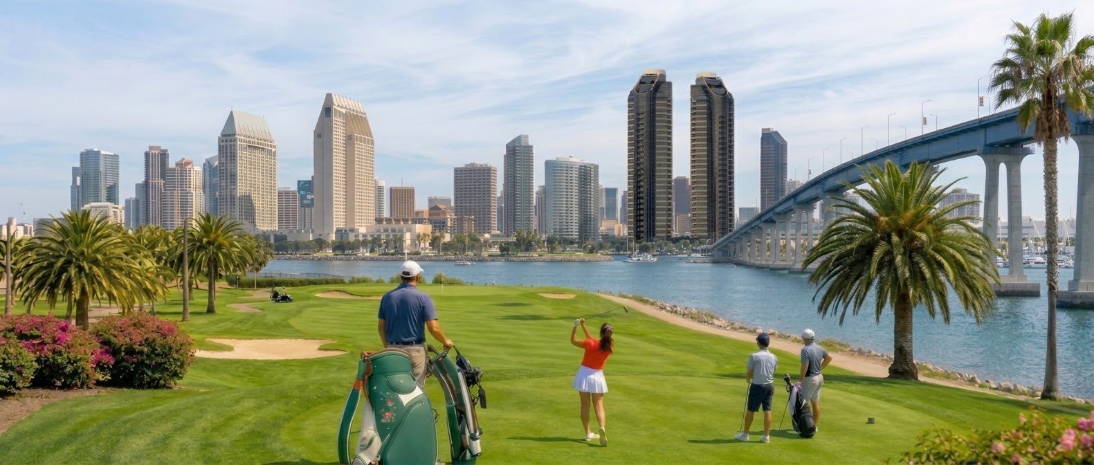Illustration of a green and white golf bag on a seaside course (AI-generated artwork)